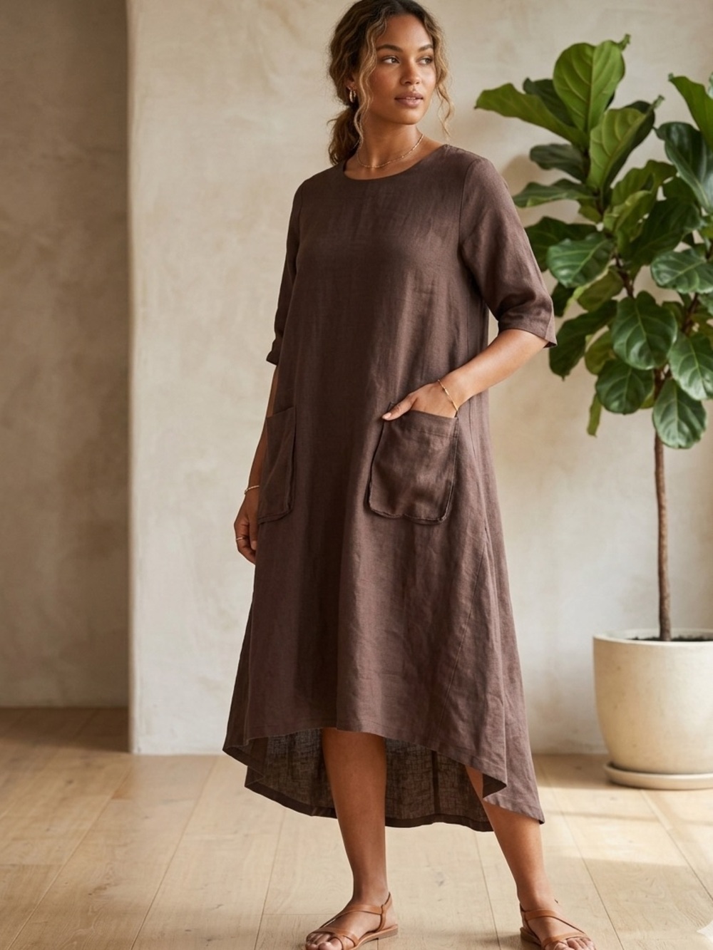 Catarina Linen Relaxed Lagenlook Pocket Tunic Midi‎ Dress Size L NWOT